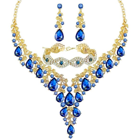 🆕Women Blue Crystal Jewelry Statement Choker Necklace Earrings Bracelets Set - Picture 1 of 6